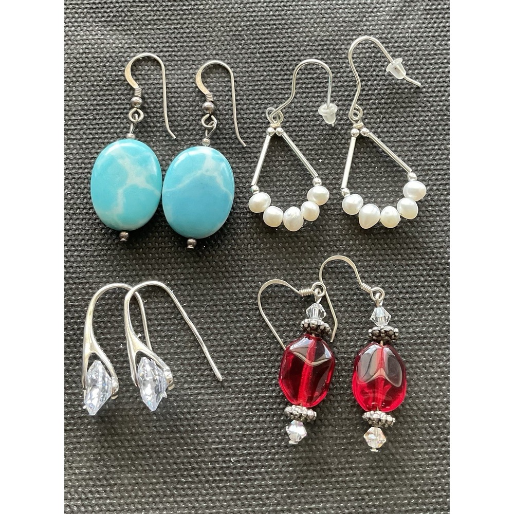 Lot Of 4 Pairs 925 Sterling Silver Dangle Earrings Vintage To Modern Estate Jewe